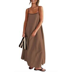 NWT Senllen Linen Blend Loose Fit Maxi Dress Brown/Black Small